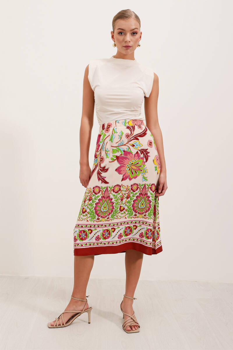 1899 Desenli Midi Etek - Bordo - BİGDART