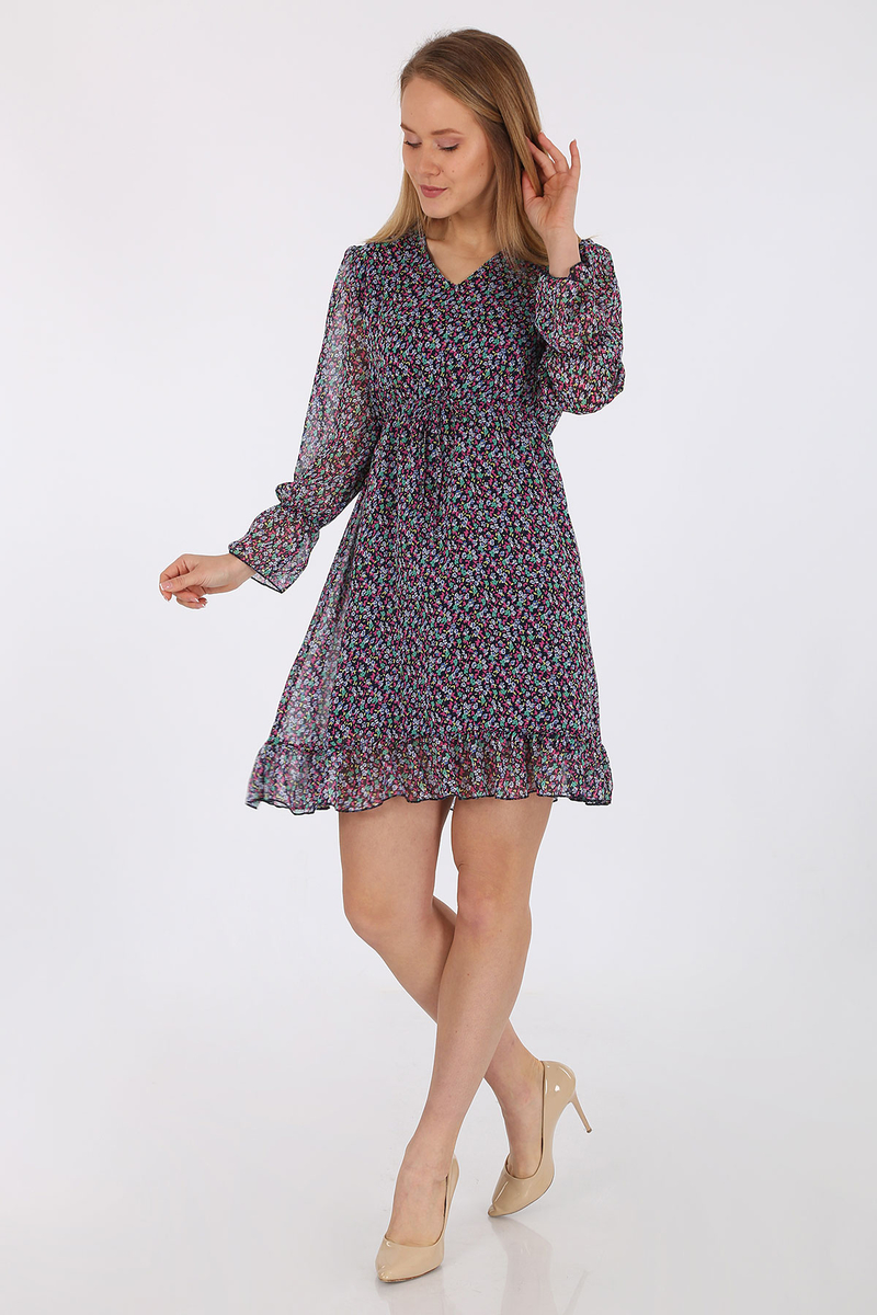 1904 Desenli Şifon Elbise - Lacivert - BİGDART