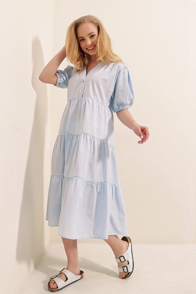 1937 Karpuz Kol Kat Kat Elbise - Mavi - BİGDART