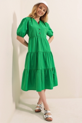 1937 Karpuz Kol Kat Kat Elbise - Zümrüt Yeşili 