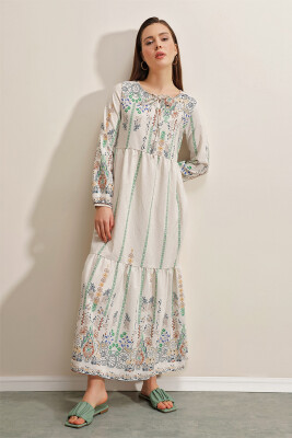 1947 Desenli Uzun Elbise - E.Yeşil - BİGDART