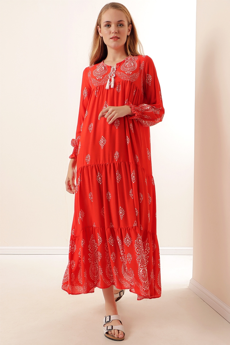 1947 Desenli Uzun Elbise - A.Kırmızı - BİGDART