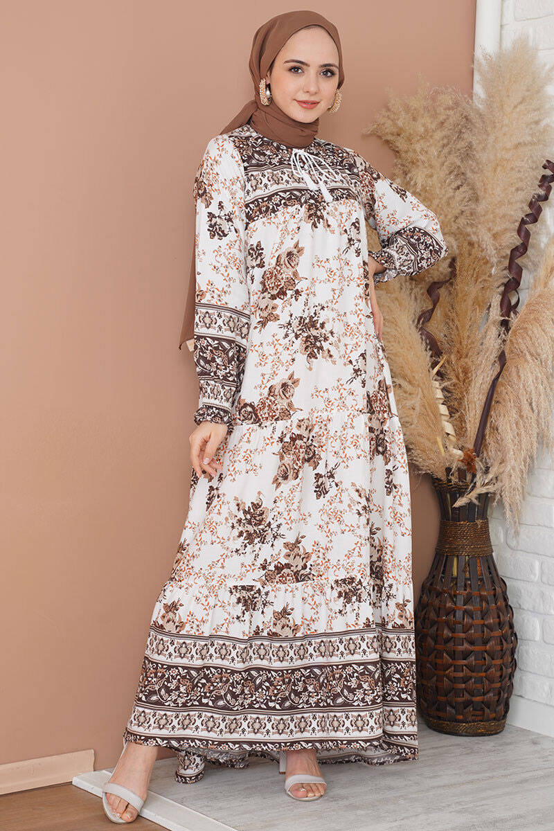 1947 Desenli Uzun Elbise - Kahverengi - BİGDART