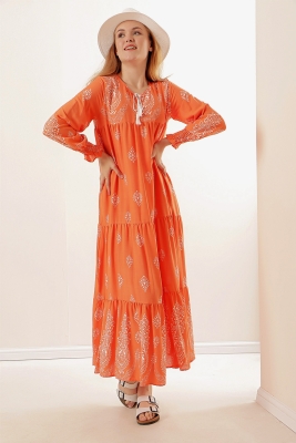 1947 Desenli Uzun Elbise - Oranje 