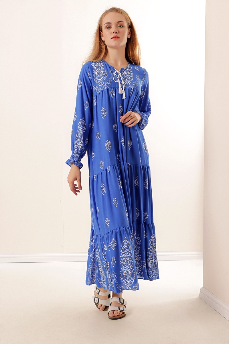 1947 Desenli Uzun Elbise - Saks - BİGDART