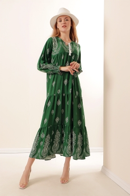 1947 Desenli Uzun Elbise - Zümrüt Yeşili 