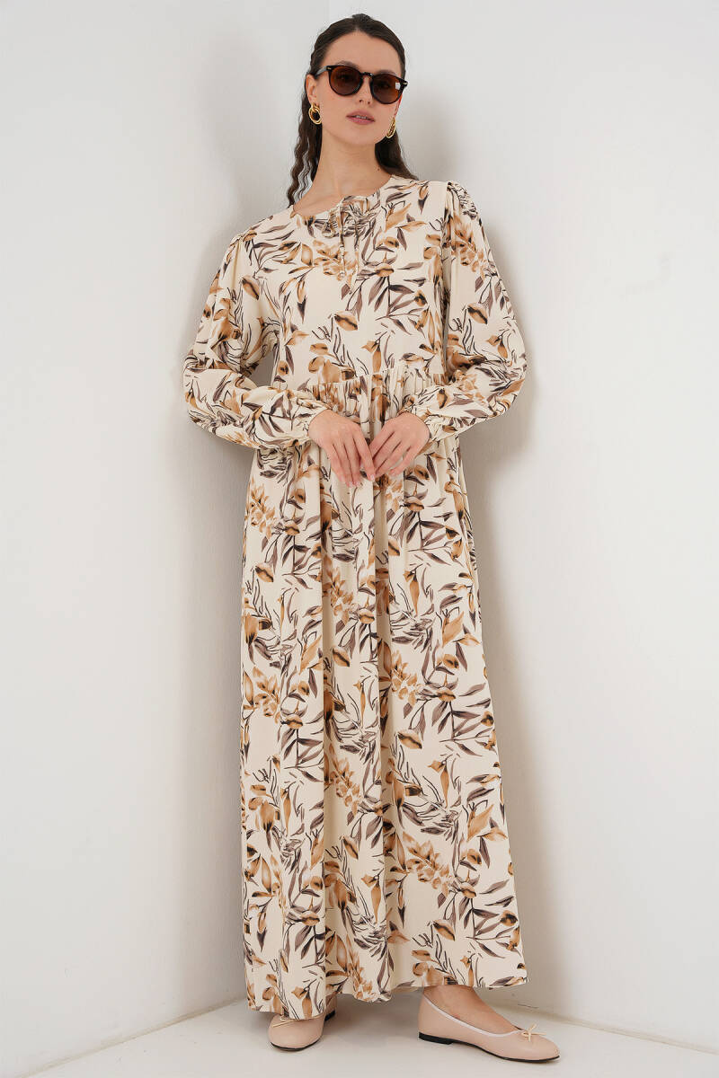 1947 Desenli Uzun Elbise - Bej - BİGDART