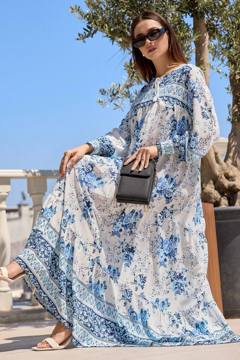 1947 Desenli Uzun Elbise - Beyaz - BİGDART