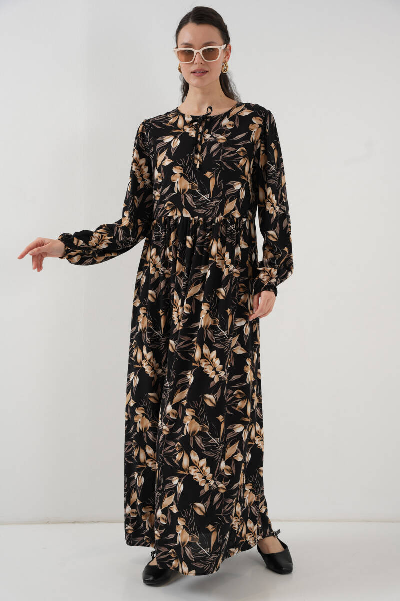 1947 Desenli Uzun Elbise - L. Siyah - BİGDART