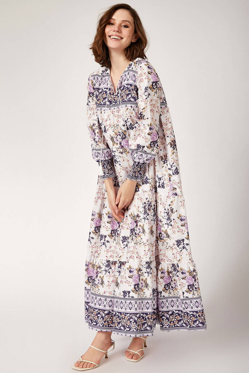 1947 Desenli Uzun Mor Tesettür Elbise - BİGDART