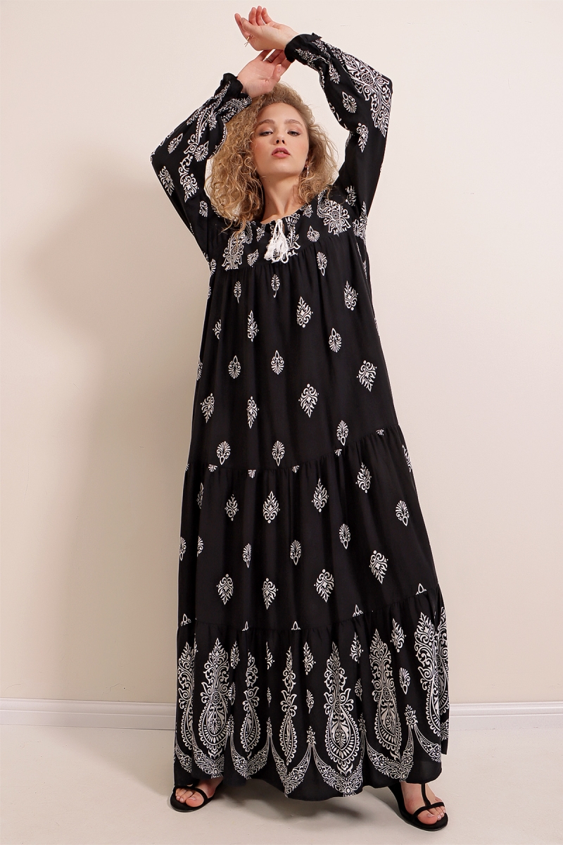 1947 Desenli Uzun Elbise - Siyah - BİGDART