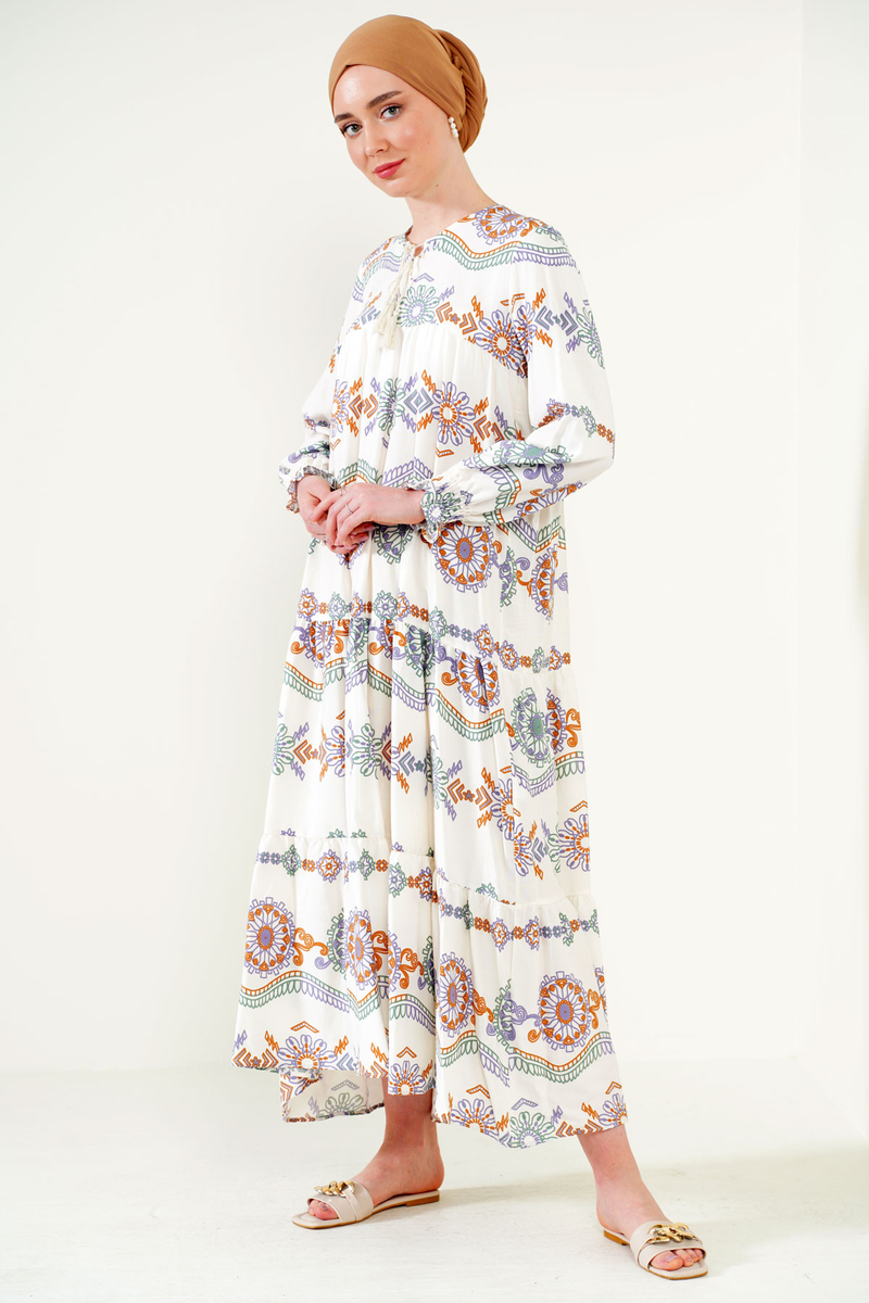 1947 Desenli Uzun Elbise - Ekru - BİGDART