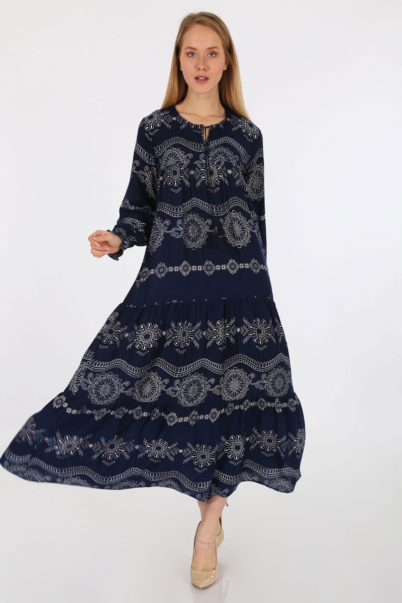 1947 Desenli Uzun Elbise - C.Lacivert - BİGDART