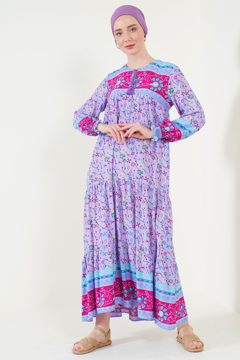 1947 Desenli Uzun Elbise - Lila - BİGDART
