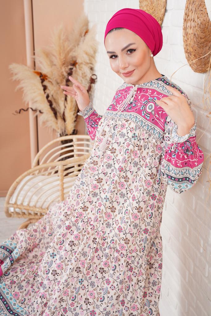 1947 Desenli Uzun Elbise - Krem - BİGDART