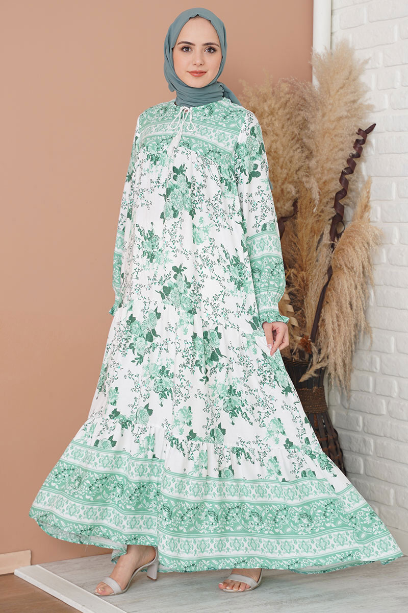 1947 Desenli Uzun Elbise - Çağla - BİGDART