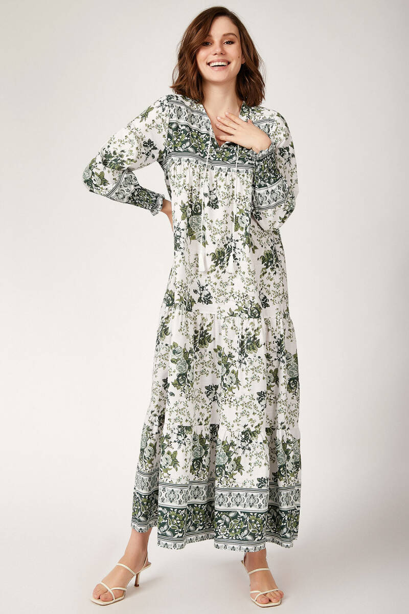 1947 Desenli Uzun Elbise - Haki - BİGDART