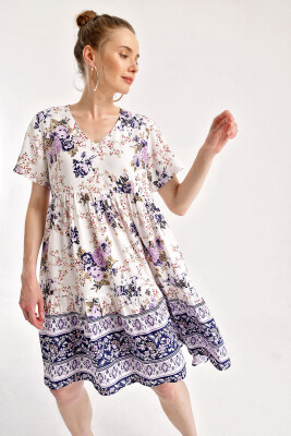 1957 Çiçek Desen V Yaka Elbise - Mor - BİGDART