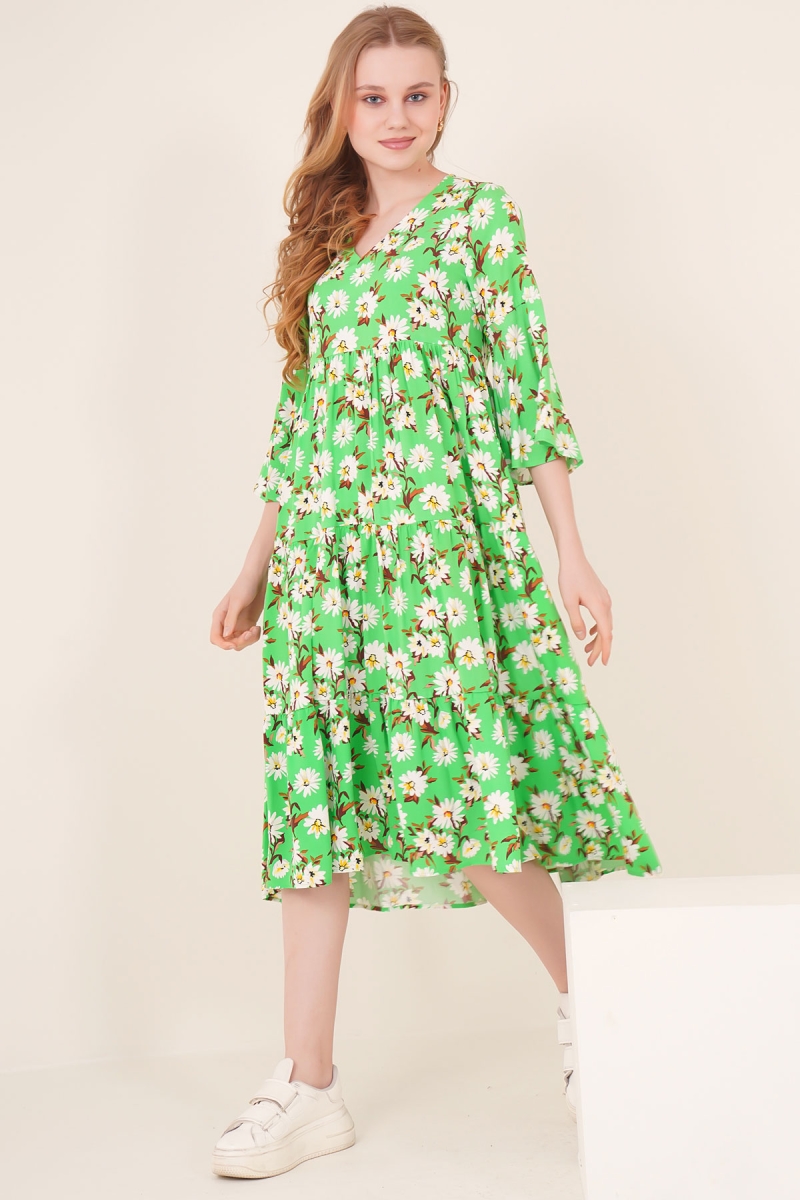 1959 Desenli Viskon Elbise - A.Yeşil - BİGDART