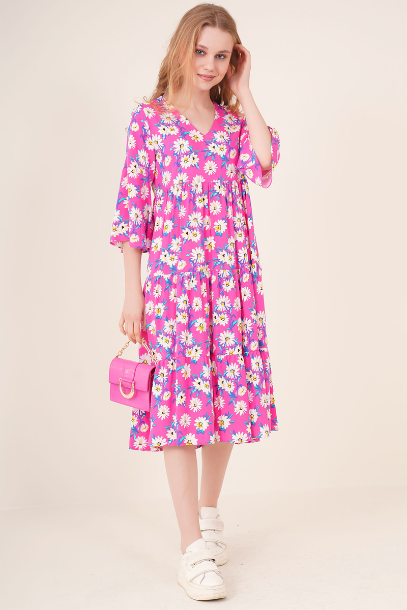 1959 Desenli Viskon Elbise - Fuşya - BİGDART