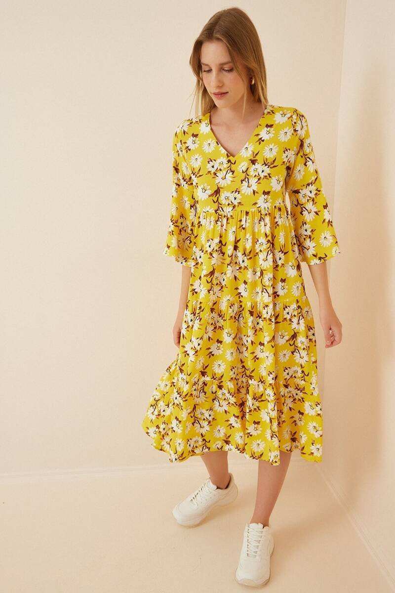 1959 Desenli Viskon Elbise - B.Sarı - BİGDART