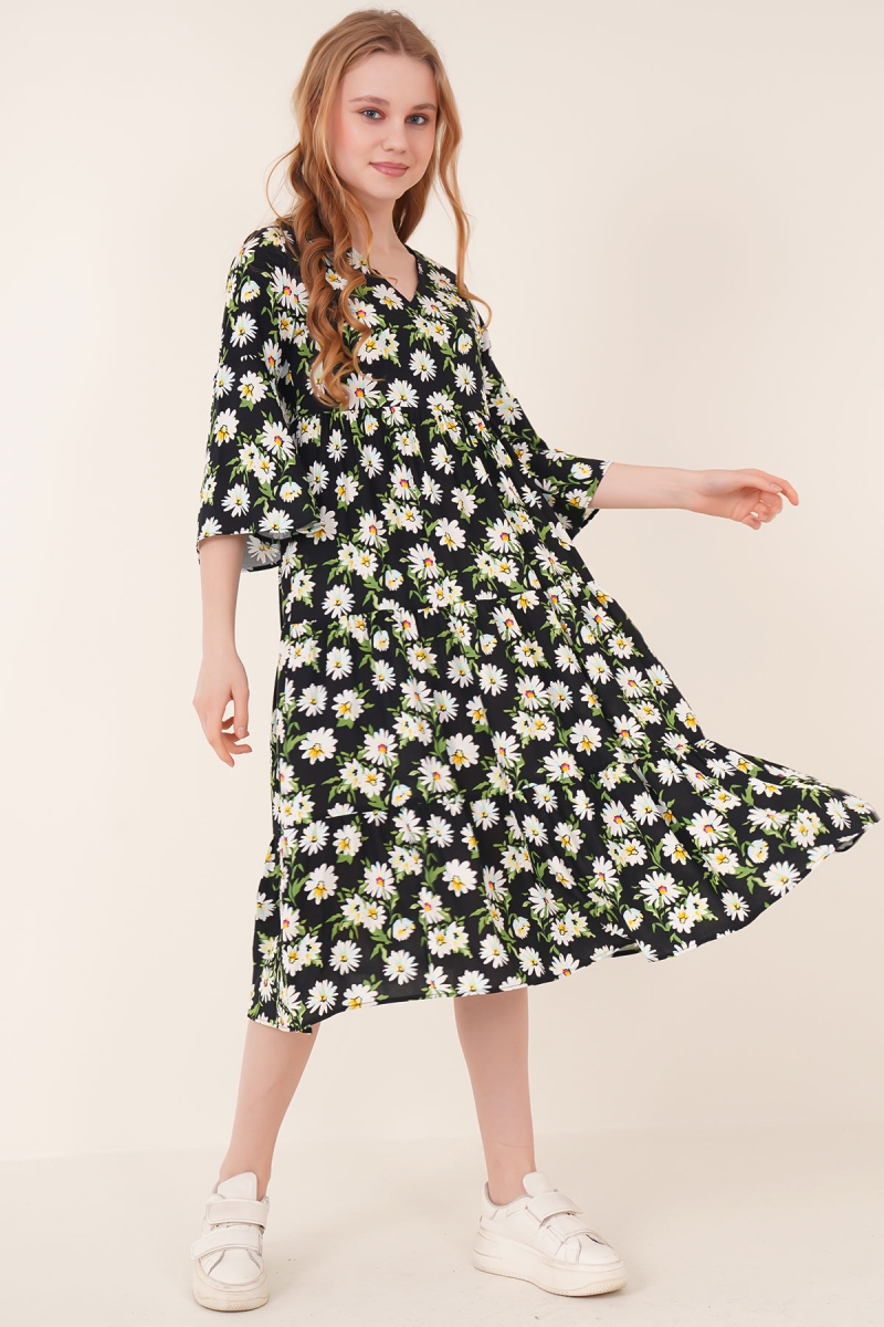 1959 Desenli Viskon Elbise - Siyah - BİGDART