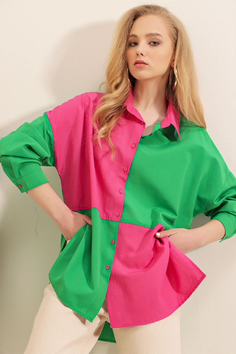 20117 Blok Renkli Oversize Gömlek - Yeşil - BİGDART