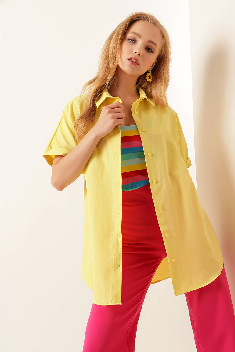 20120 Oversize Kısa Kollu Gömlek - Sarı - BİGDART