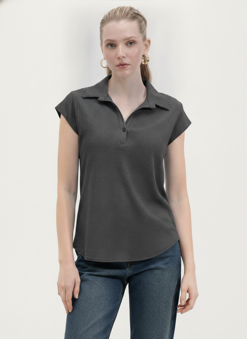 20123 Polo Yaka Örme Bluz - Antrasit - BİGDART