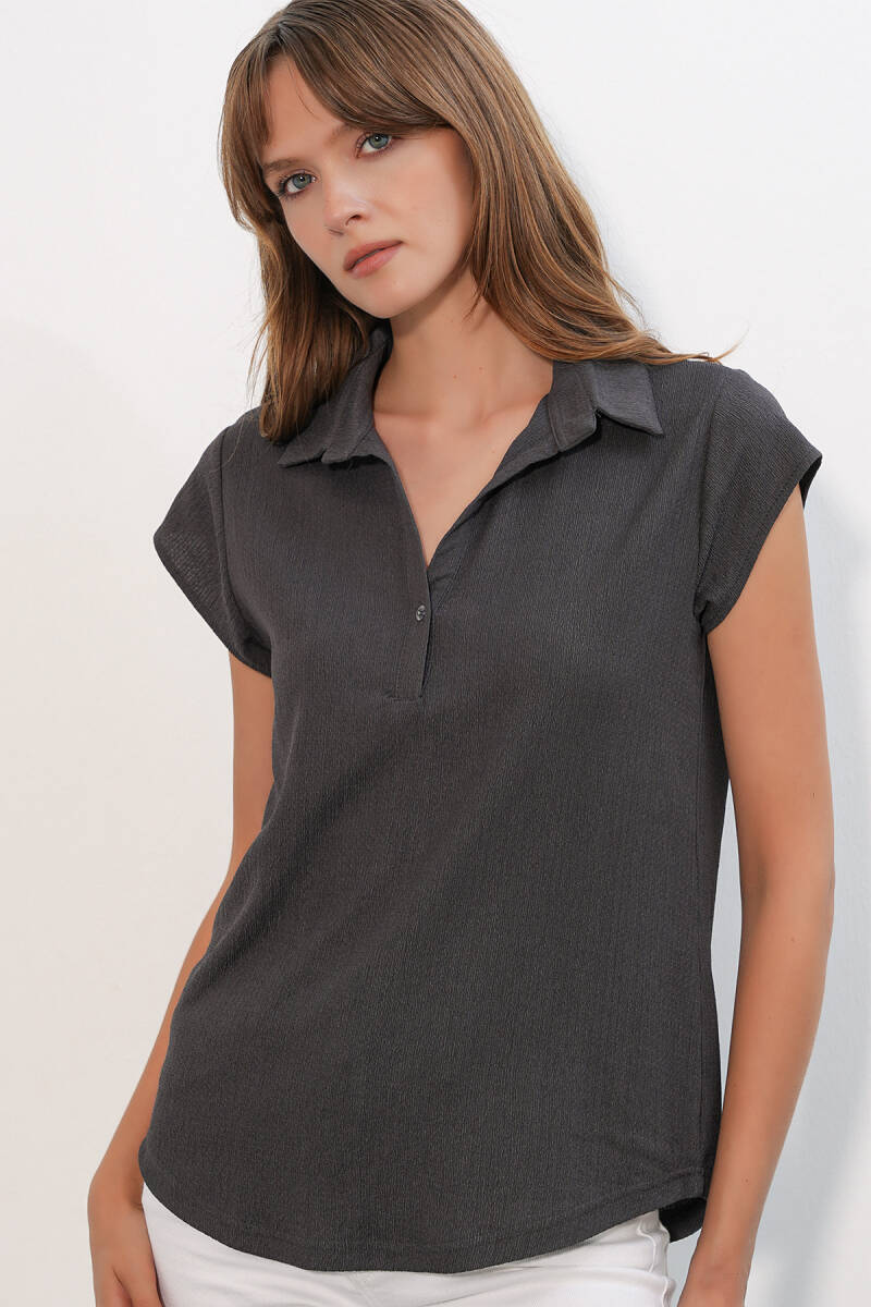 20123 Polo Yaka Örme Bluz - Antrasit - BİGDART
