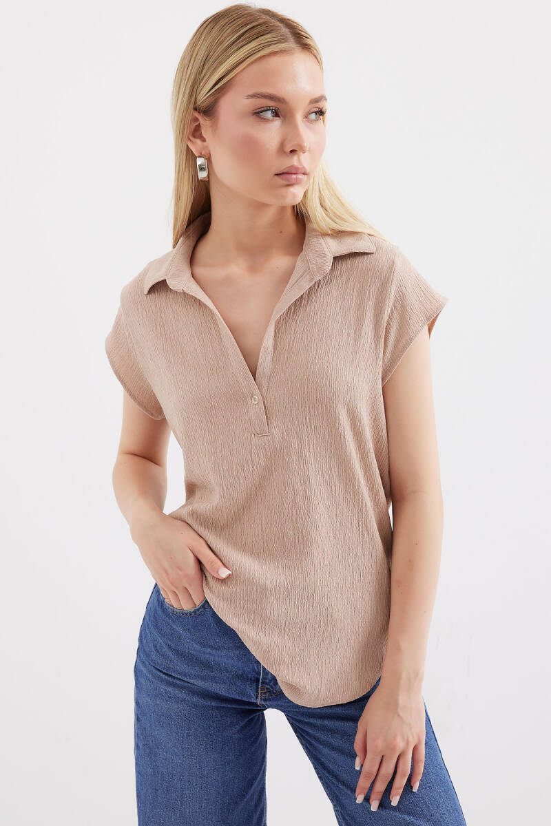 20123 Polo Yaka Örme Bluz - Bej - BİGDART