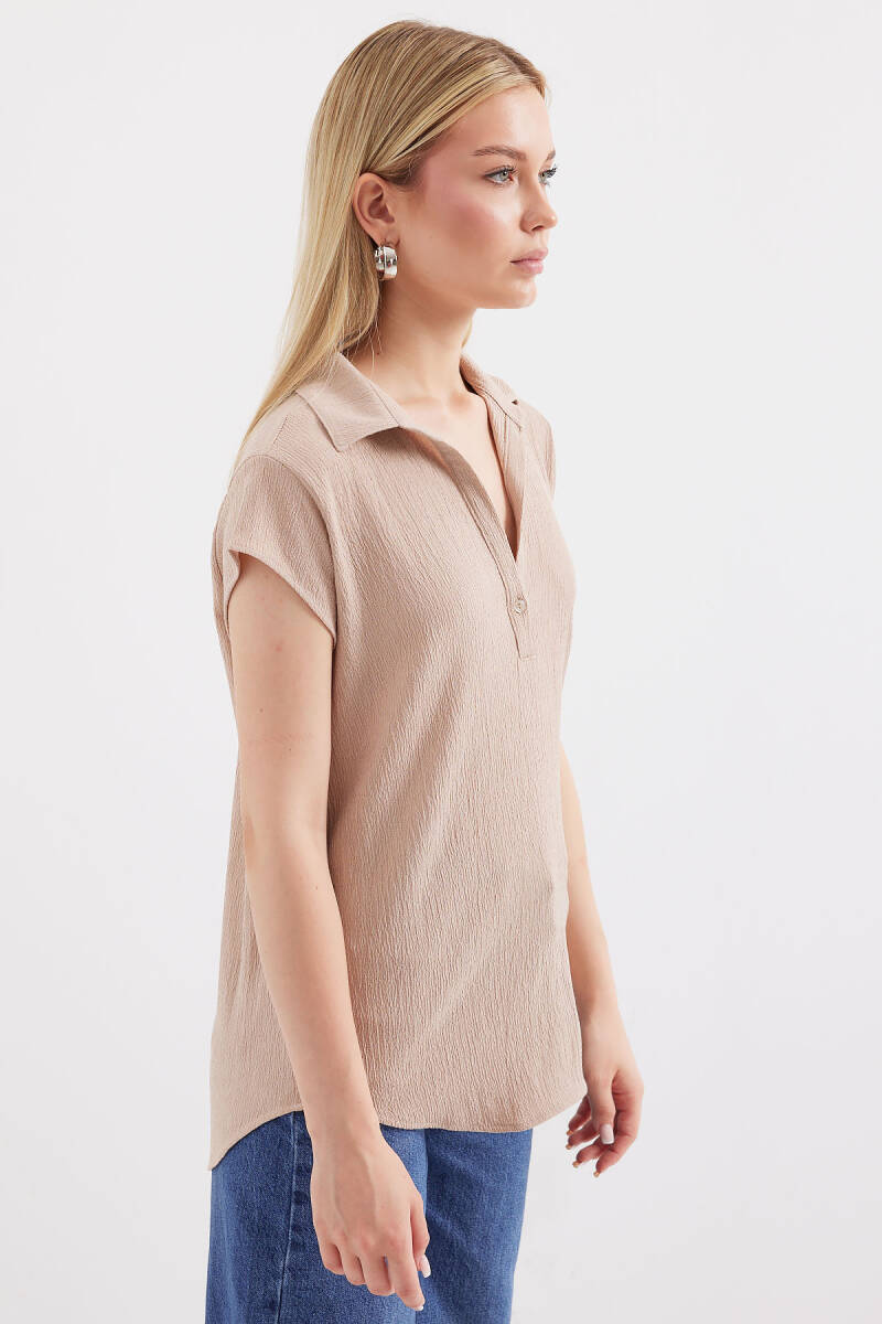 20123 Polo Yaka Örme Bluz - Bej (1)