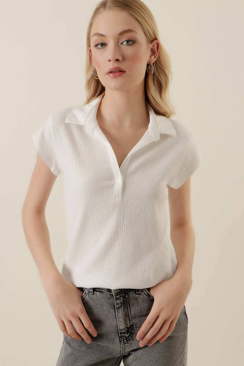 20123 Polo Yaka Örme Bluz - Beyaz - BİGDART