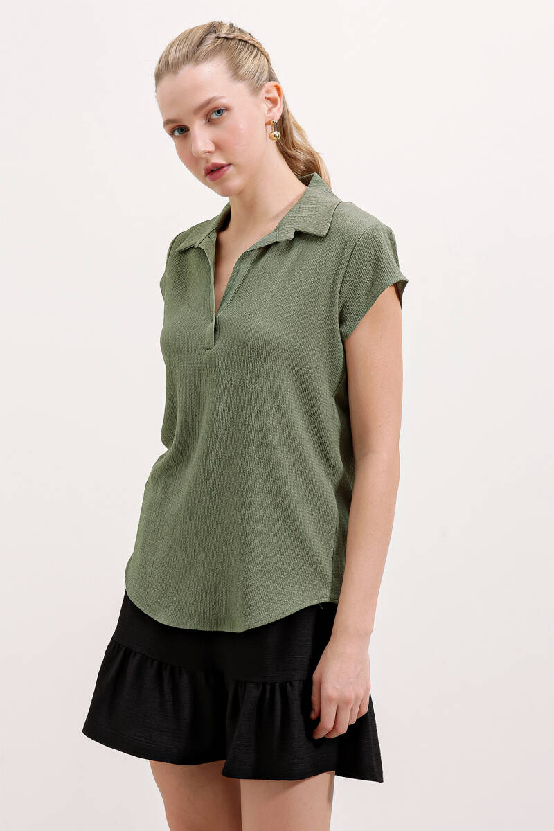 20123 Polo Yaka Örme Bluz - Haki - BİGDART