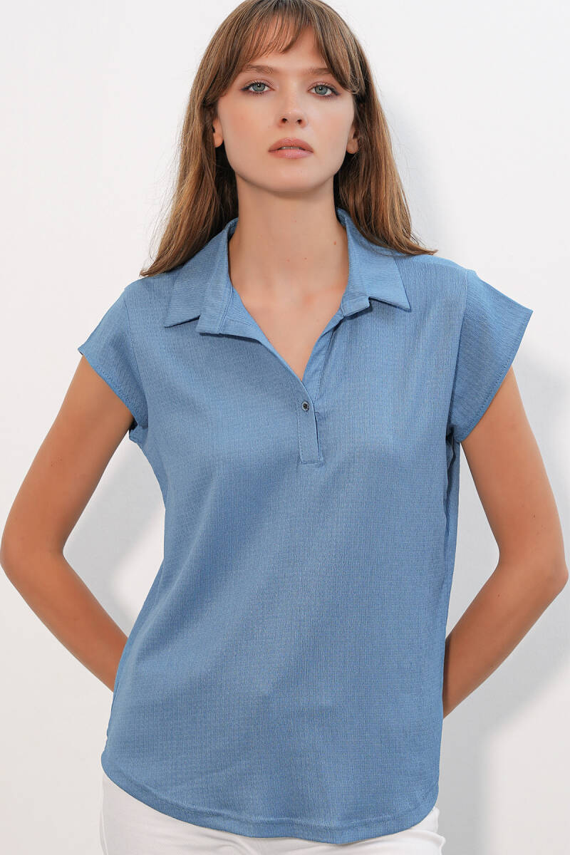20123 Polo Yaka Örme Bluz - İndigo - BİGDART