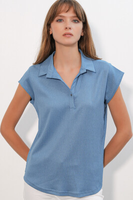 20123 Polo Yaka Örme Bluz - İndigo - 1