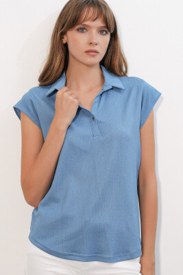 20123 Polo Yaka Örme Bluz - İndigo - 2