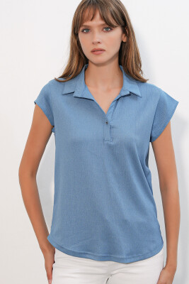 20123 Polo Yaka Örme Bluz - İndigo - 3