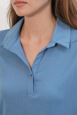 20123 Polo Yaka Örme Bluz - İndigo - 4