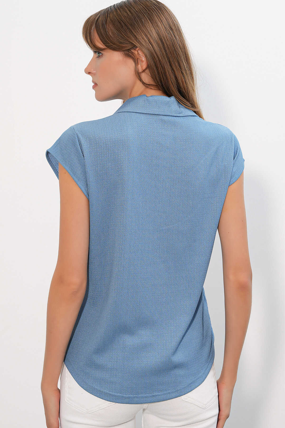 20123 Polo Yaka Örme Bluz - İndigo - 5