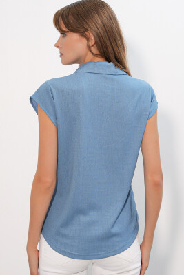 20123 Polo Yaka Örme Bluz - İndigo - 5