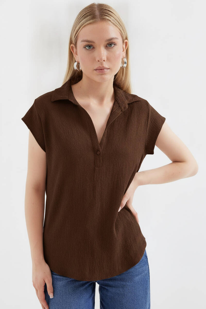 20123 Polo Yaka Örme Bluz - Kahverengi - BİGDART