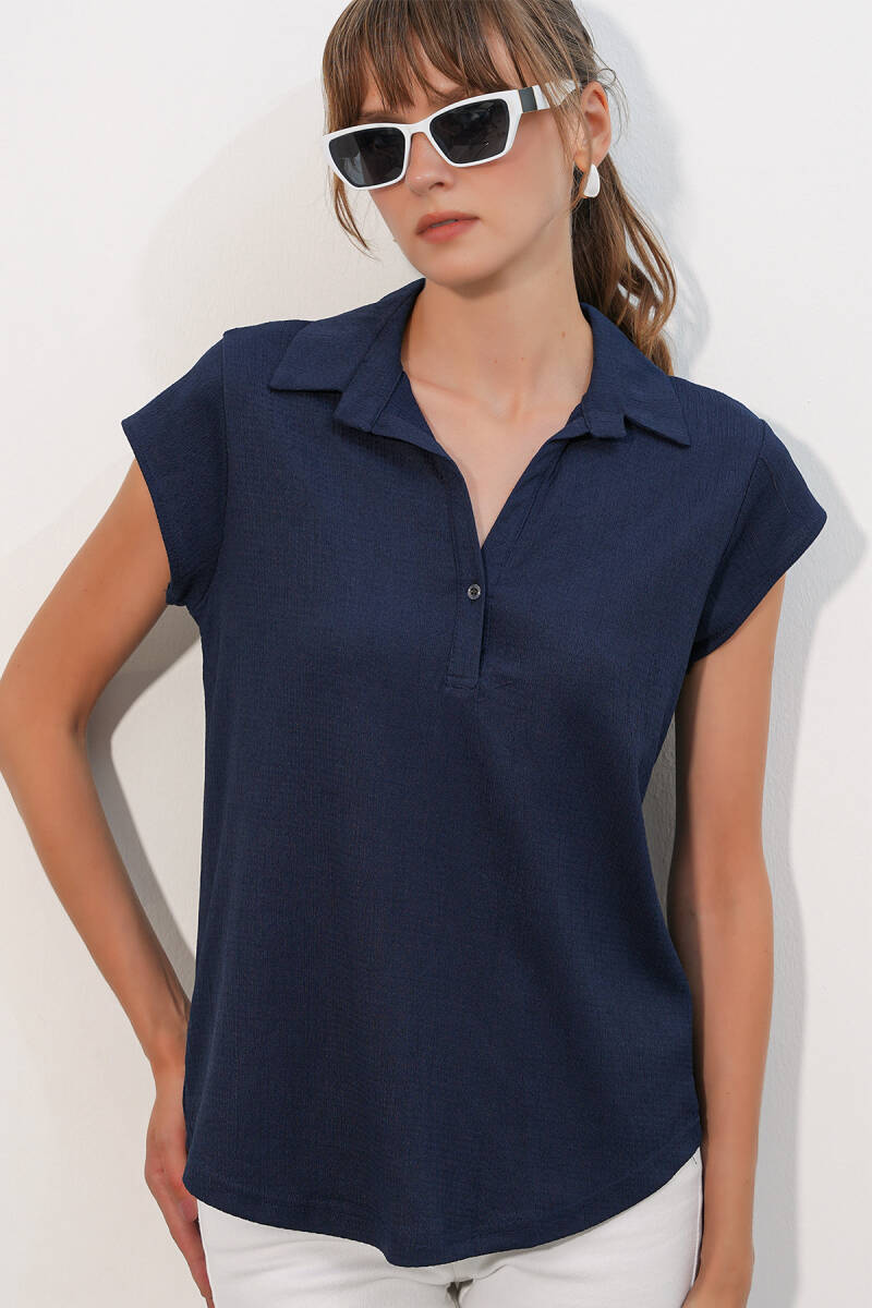 20123 Polo Yaka Örme Bluz - Lacivert - BİGDART
