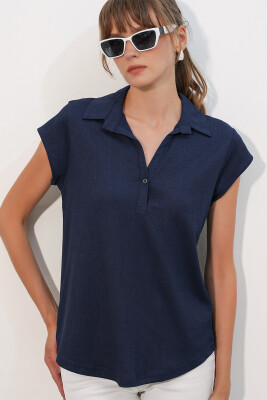 20123 Polo Yaka Örme Bluz - Lacivert - BİGDART