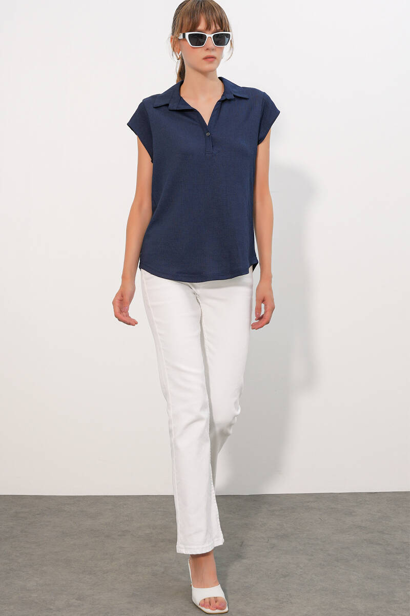 20123 Polo Yaka Örme Bluz - Lacivert (1)