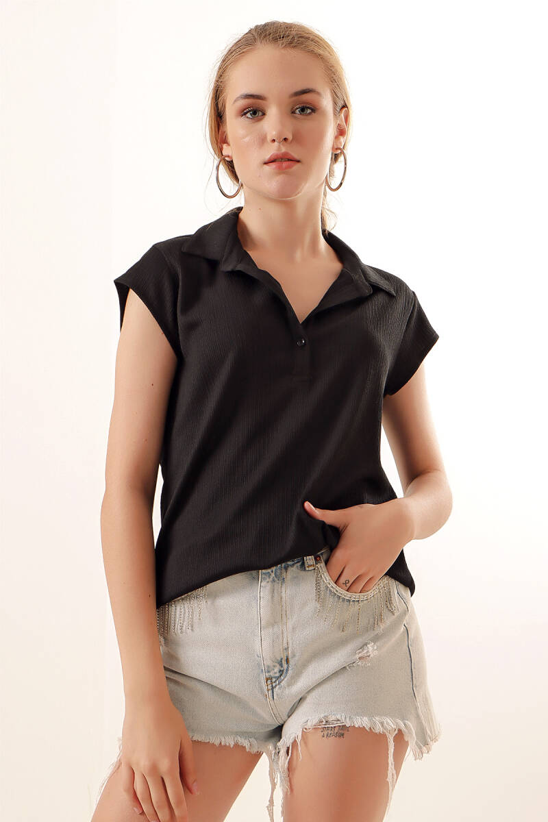 20123 Polo Yaka Örme Bluz - Siyah - BİGDART