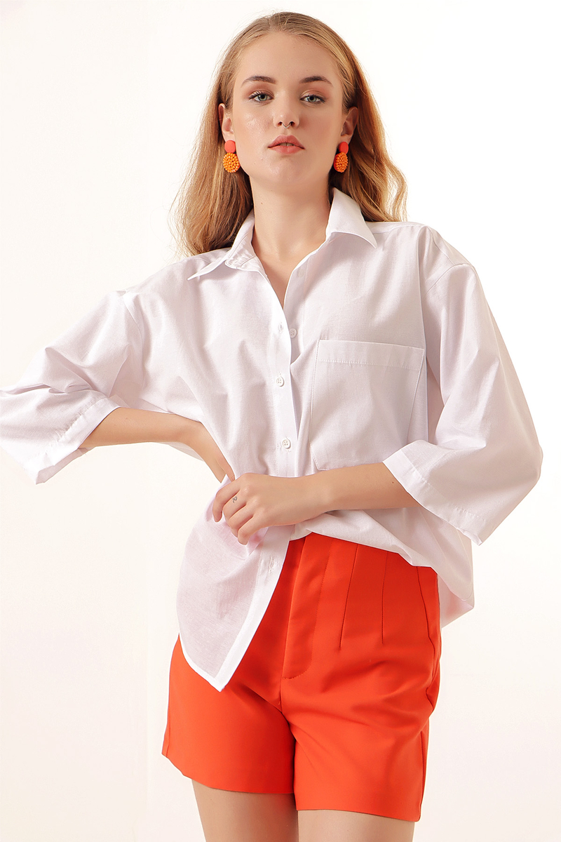 20124 Oversize Cepli Gömlek - Beyaz - BİGDART