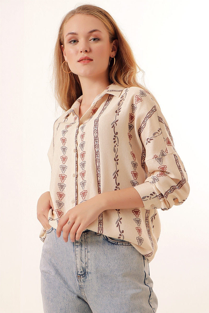 20125 Desenli Oversize Keten Gömlek - Bej - BİGDART
