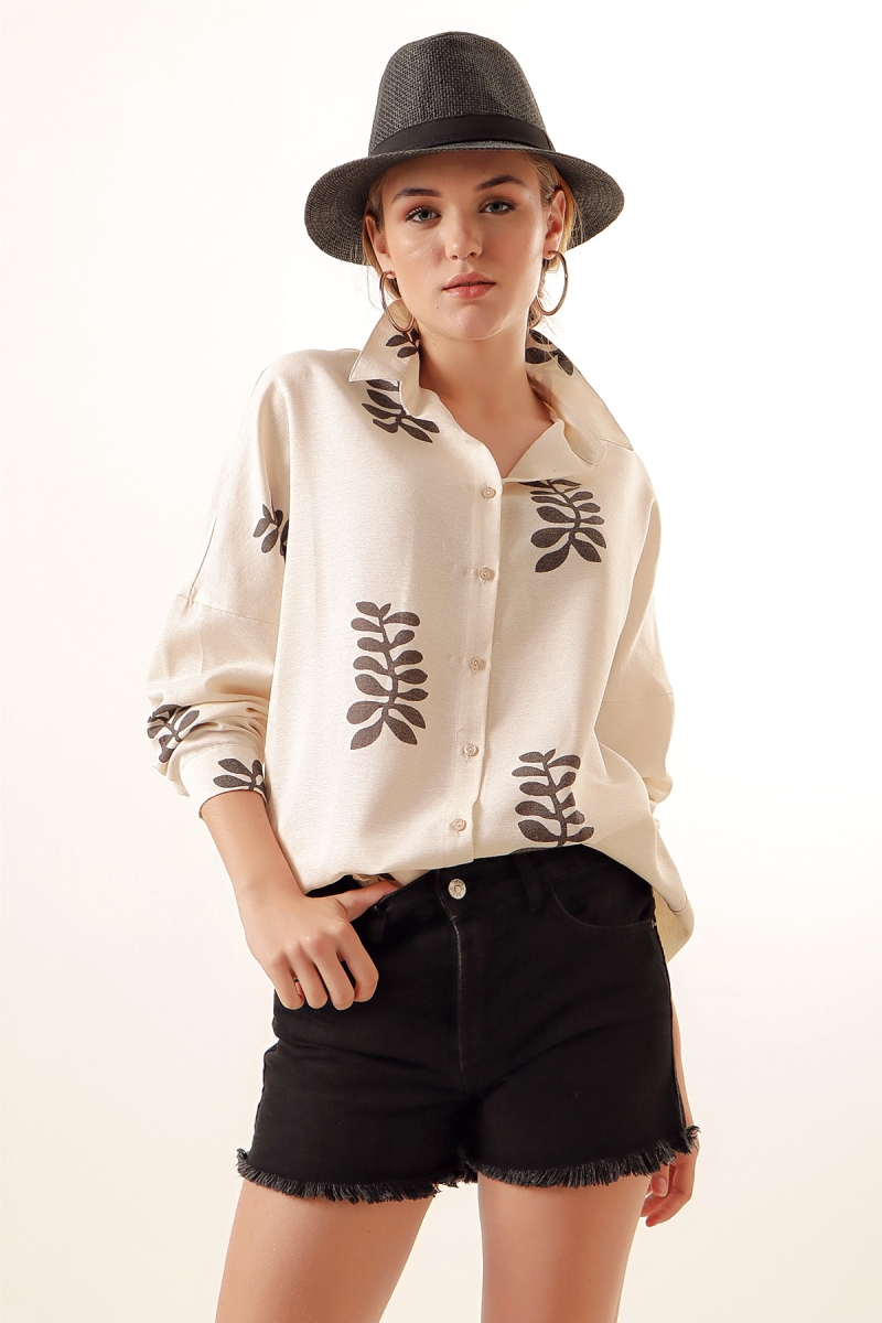 20125 Desenli Oversize Keten Gömlek - Krem - BİGDART