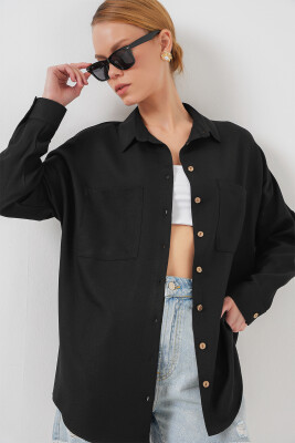 20126 Oversize Keten Gömlek - Siyah 
